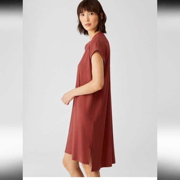 Eileen Fisher Ribbed Crew Neck Dress Terra Cotta size L - Picture 10 of 12